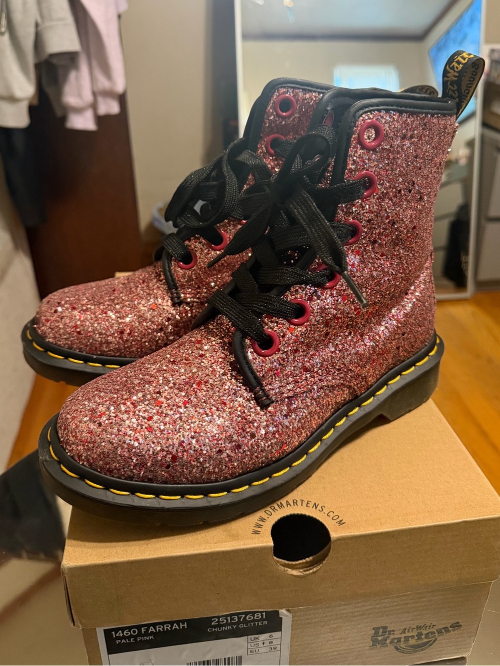 Dr. Martens Kids' Pink Glitter Lace-Up Boots with Black Laces